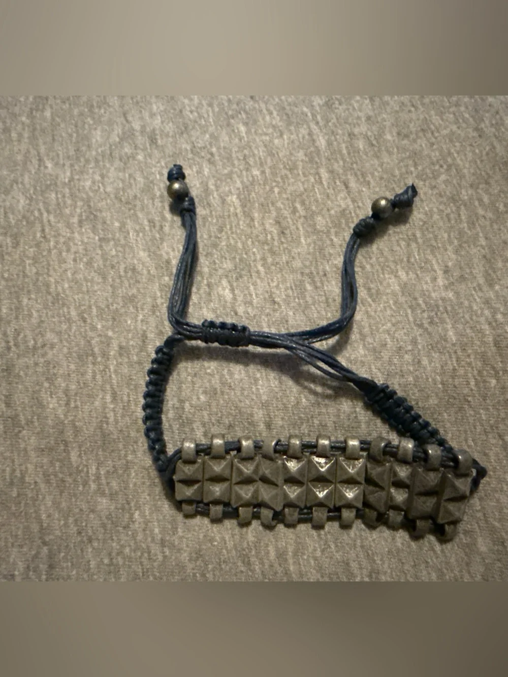 Adjustable Navy Cord and Gunmetal Pyramid Stud Bracelet